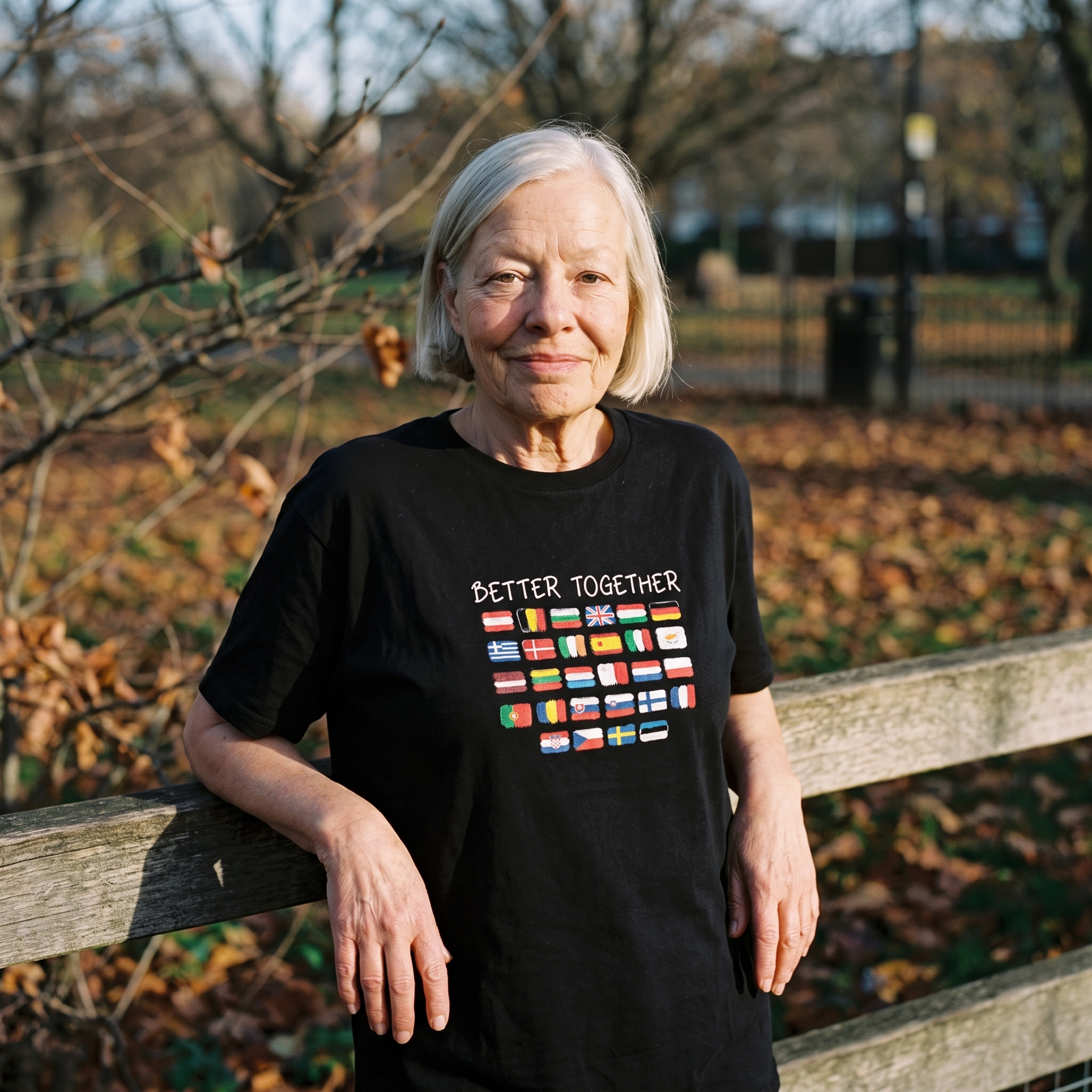 Woman in a black Better Together t-shirt in a city park in autumn, Very Brexit Problems