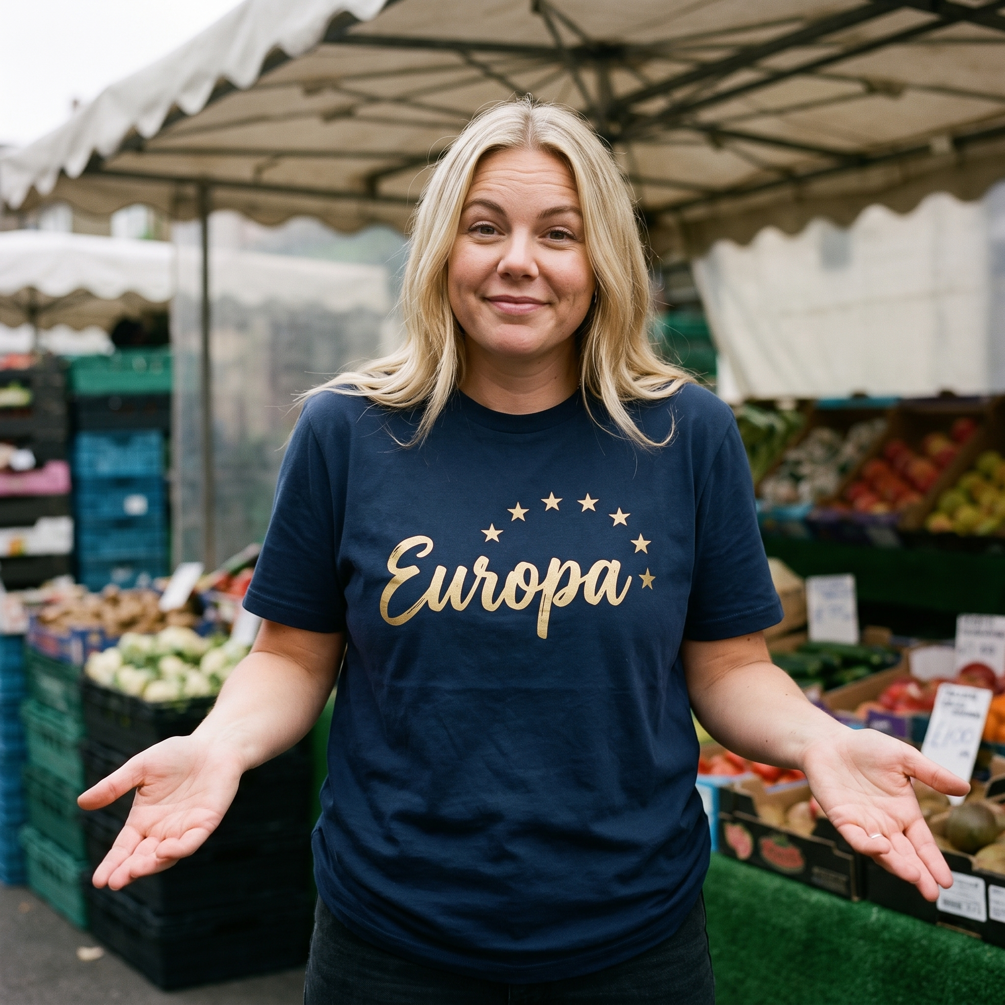 Woman in a navy Europa t-shirt at a fruit and veg market stall, Very Brexit Problems