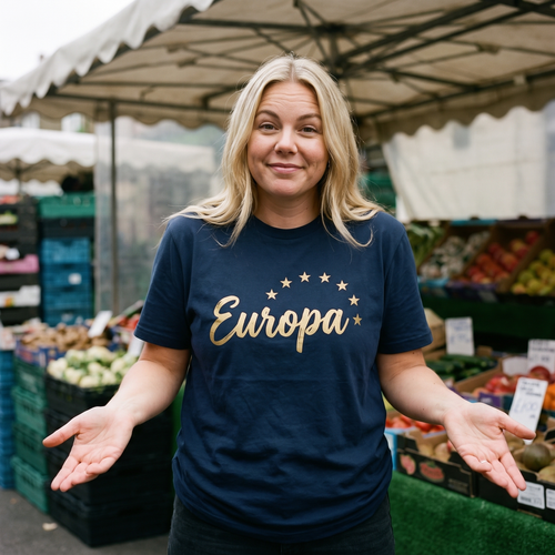 Woman in a navy Europa t-shirt at a fruit and veg market stall, Very Brexit Problems
