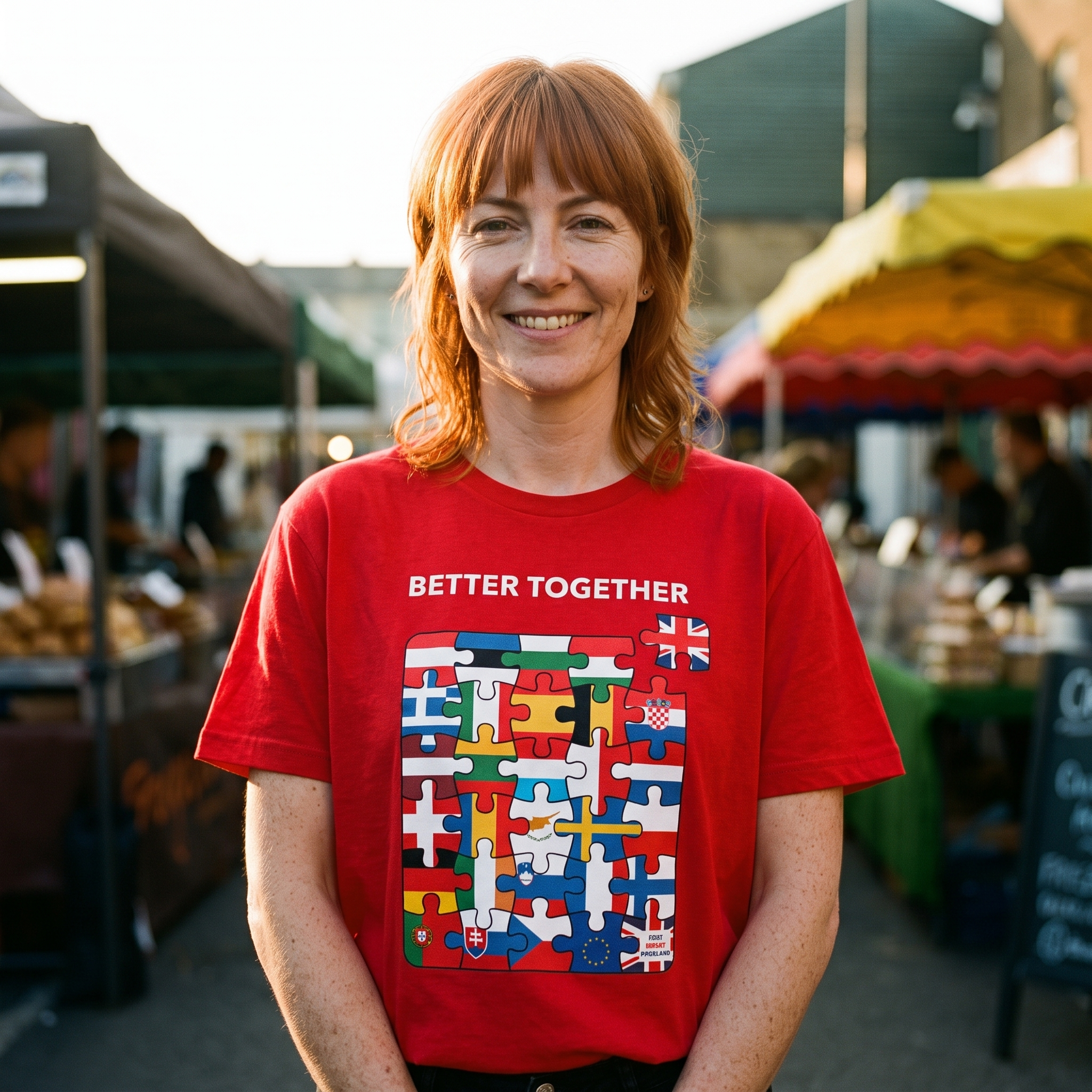 Woman in a red Better Together t-shirt at an outdoor food market, Very Brexit Problems