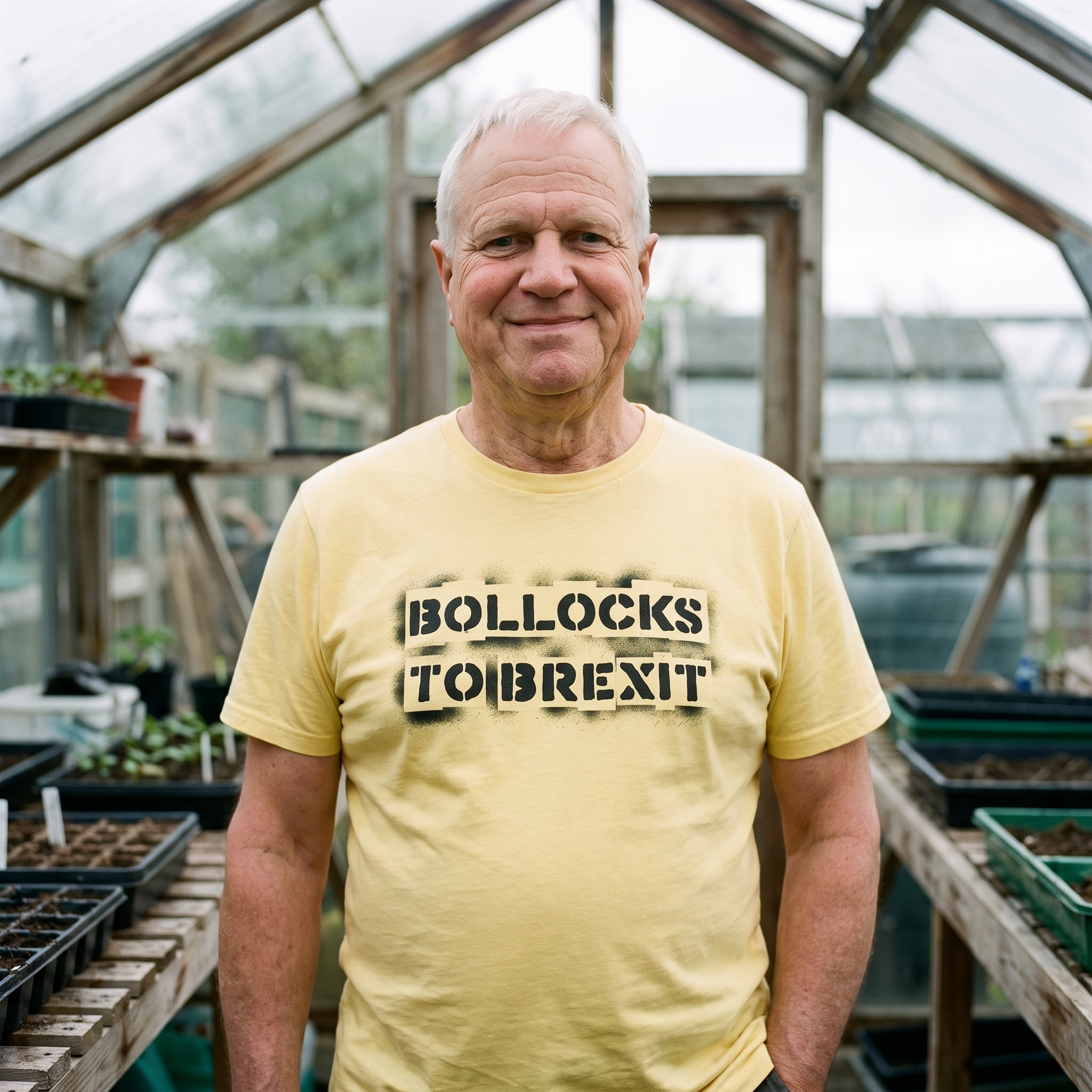 Man in a yellow Bollocks to Brexit t-shirt in an allotment greenhouse, Very Brexit Problems