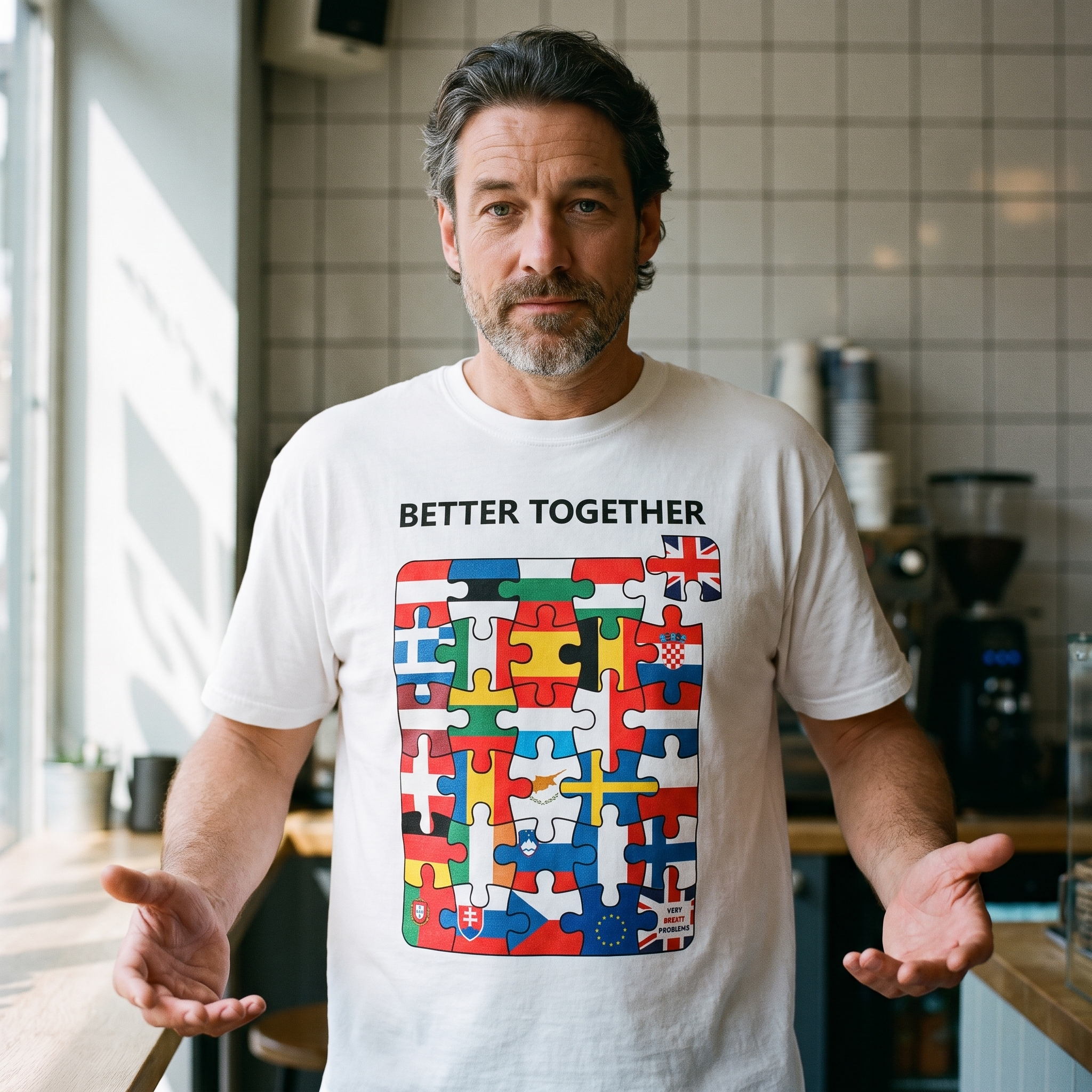 Man in a white Better Together t-shirt in an independent coffee shop, Very Brexit Problems