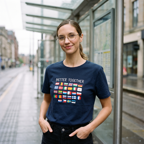 Woman in a navy Better Together t-shirt at a tram stop, Very Brexit Problems