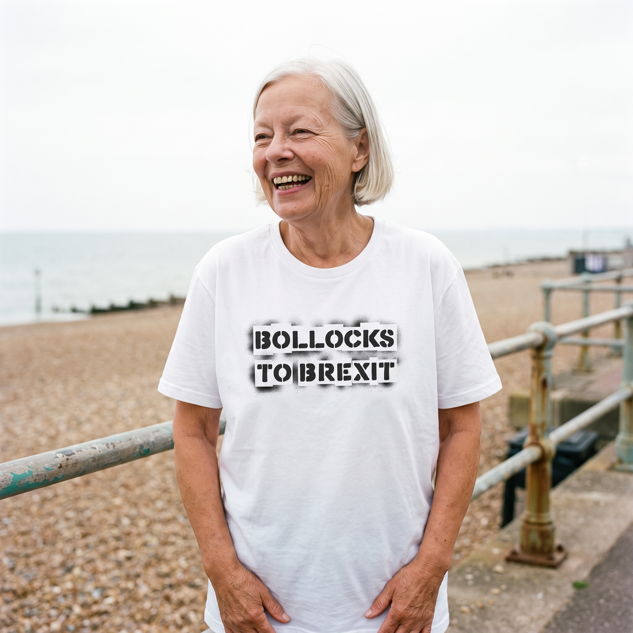 Woman in a white Bollocks to Brexit t-shirt on a seaside promenade, Very Brexit Problems