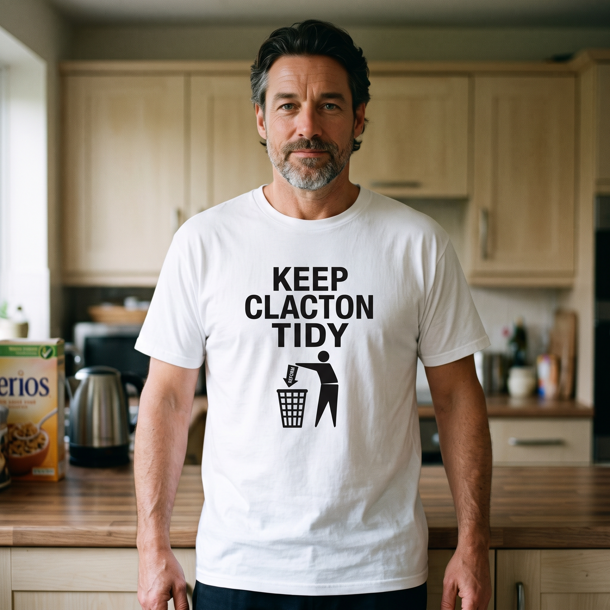 Man in a white Keep Clacton Tidy t-shirt in a domestic kitchen, Very Brexit Problems