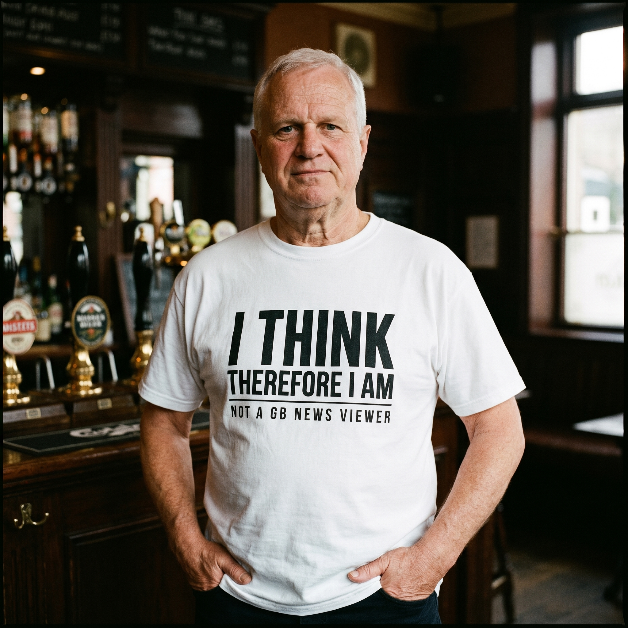 Man in a white I Think Therefore I Am Not a GB News Viewer t-shirt in a traditional pub interior, Very Brexit Problems