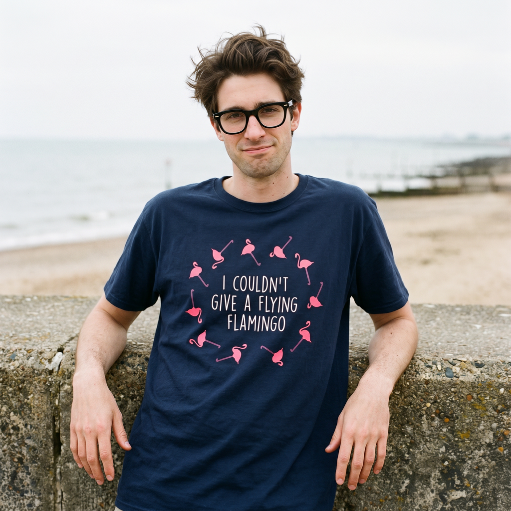 Man in a navy I Couldn't Give a Flying Flamingo t-shirt on a beach beside a low sea wall, Very Brexit Problems