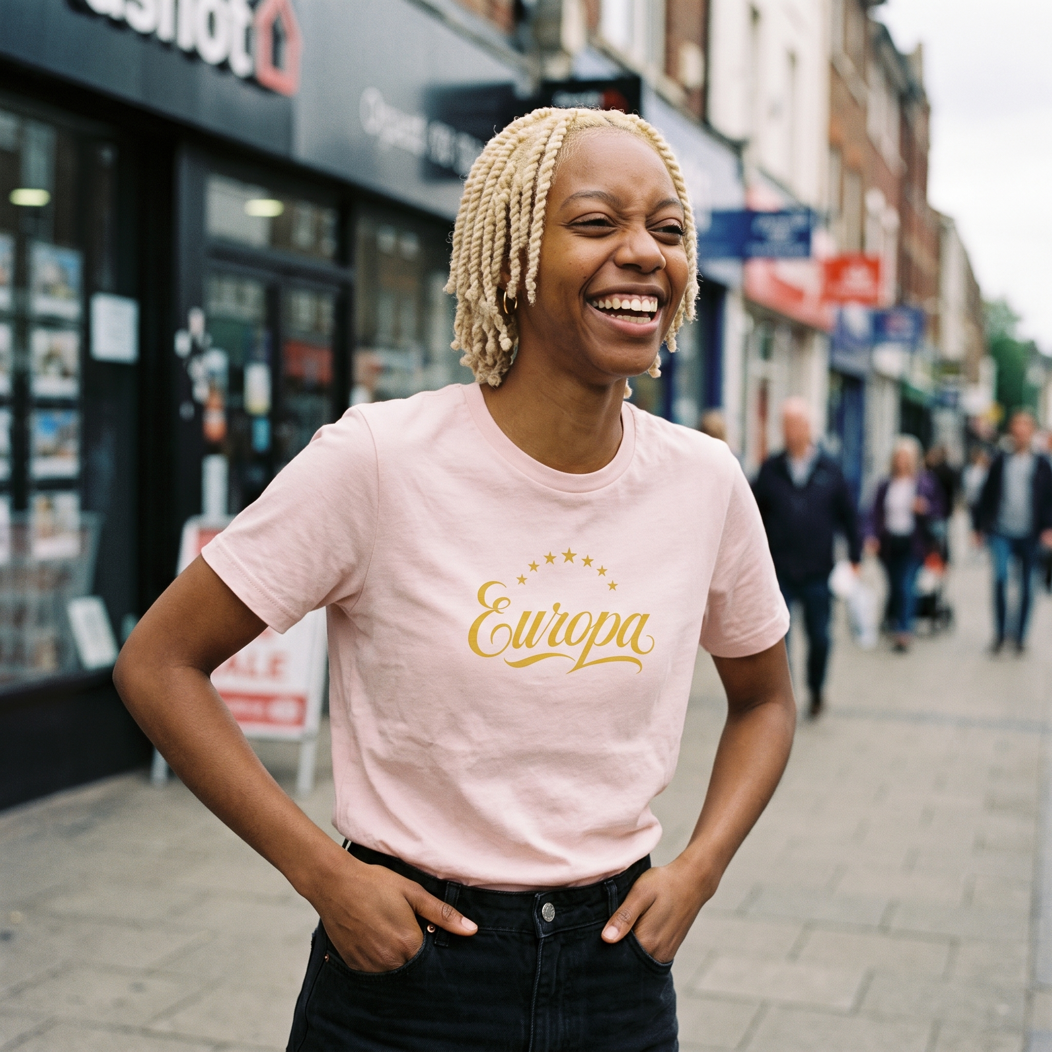 Woman in a pink Europa t-shirt on a busy high street, Very Brexit Problems