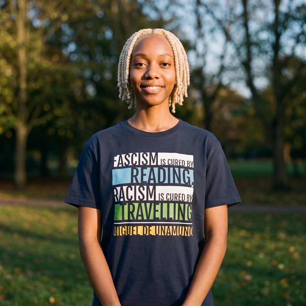 Woman in a navy Fascism is Cured by Reading t-shirt in a city park, Very Brexit Problems