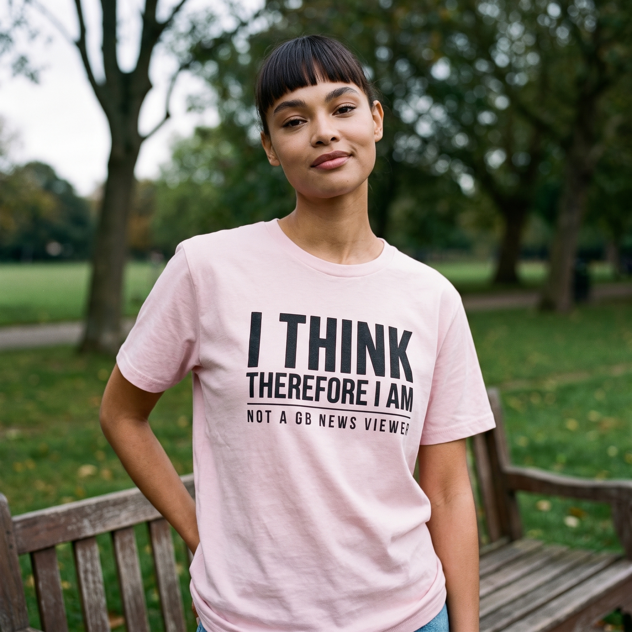 Woman in a pink I Think Therefore I Am Not a GB News Viewer t-shirt beside a park bench, Very Brexit Problems