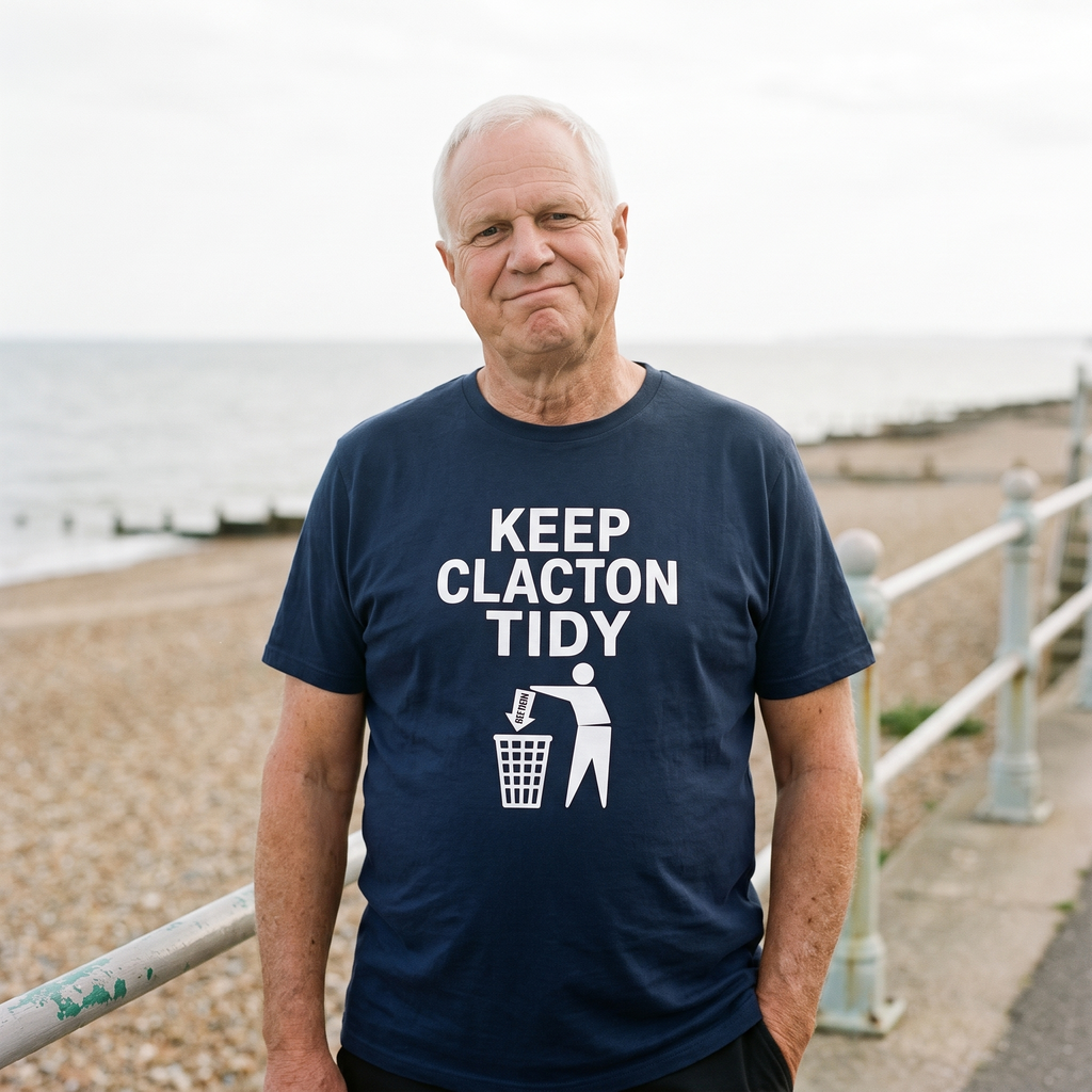 Man in a navy Keep Clacton Tidy t-shirt on a seaside promenade beside the railings, Very Brexit Problems