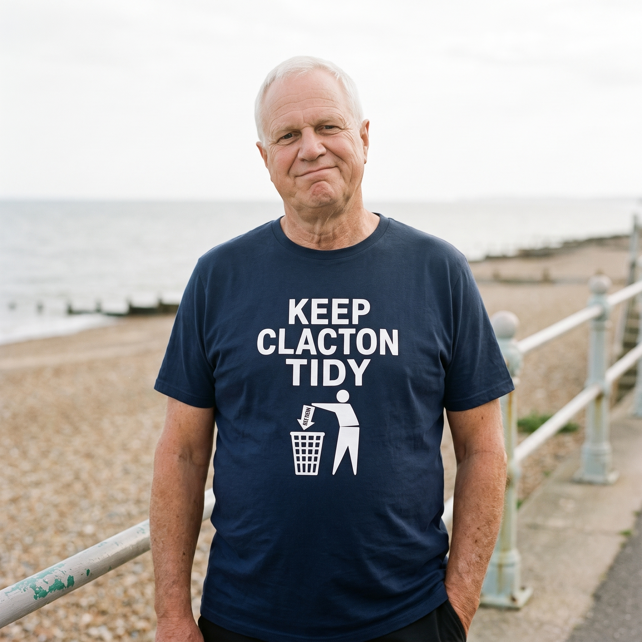 Man in a navy Keep Clacton Tidy t-shirt on a seaside promenade beside the railings, Very Brexit Problems