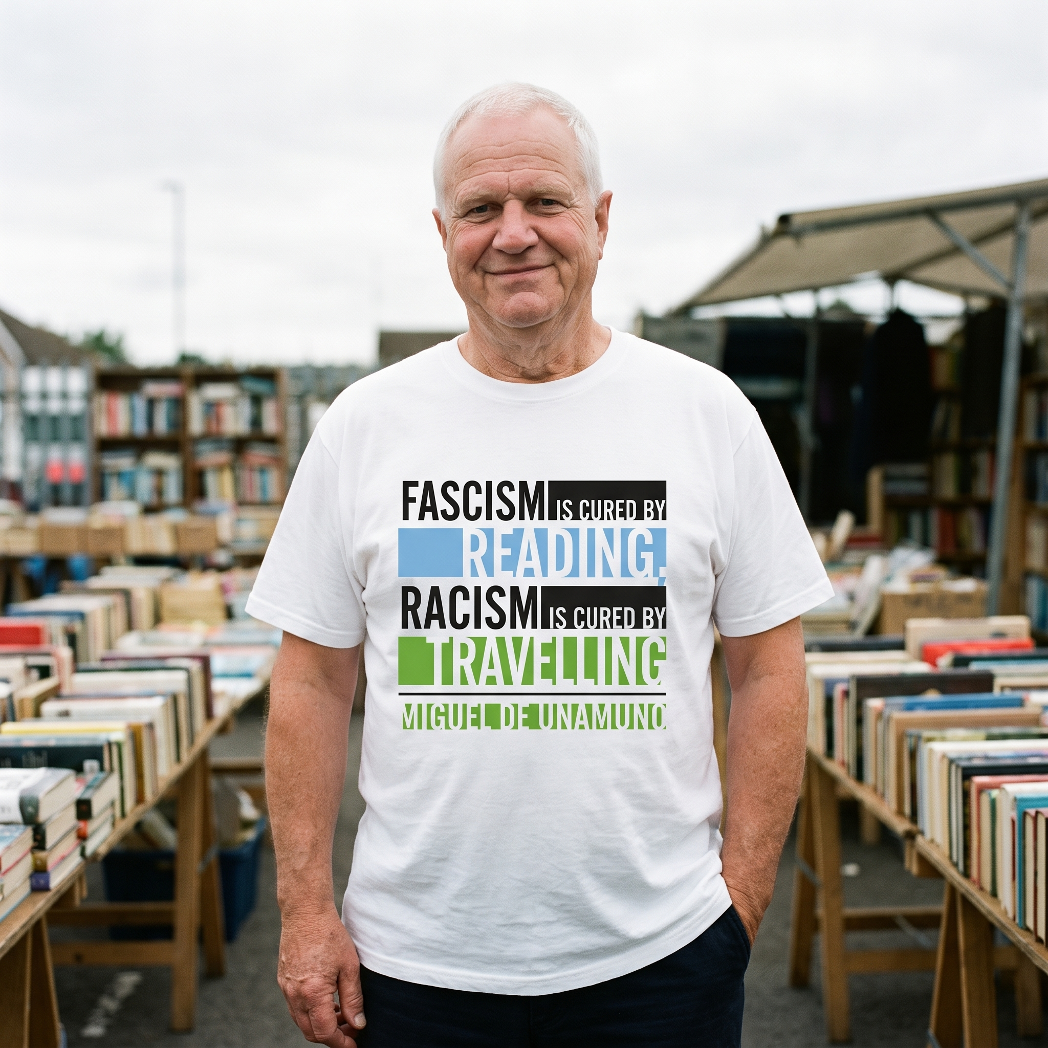 Man in a white Fascism is Cured by Reading t-shirt at a second-hand bookstall, Very Brexit Problems