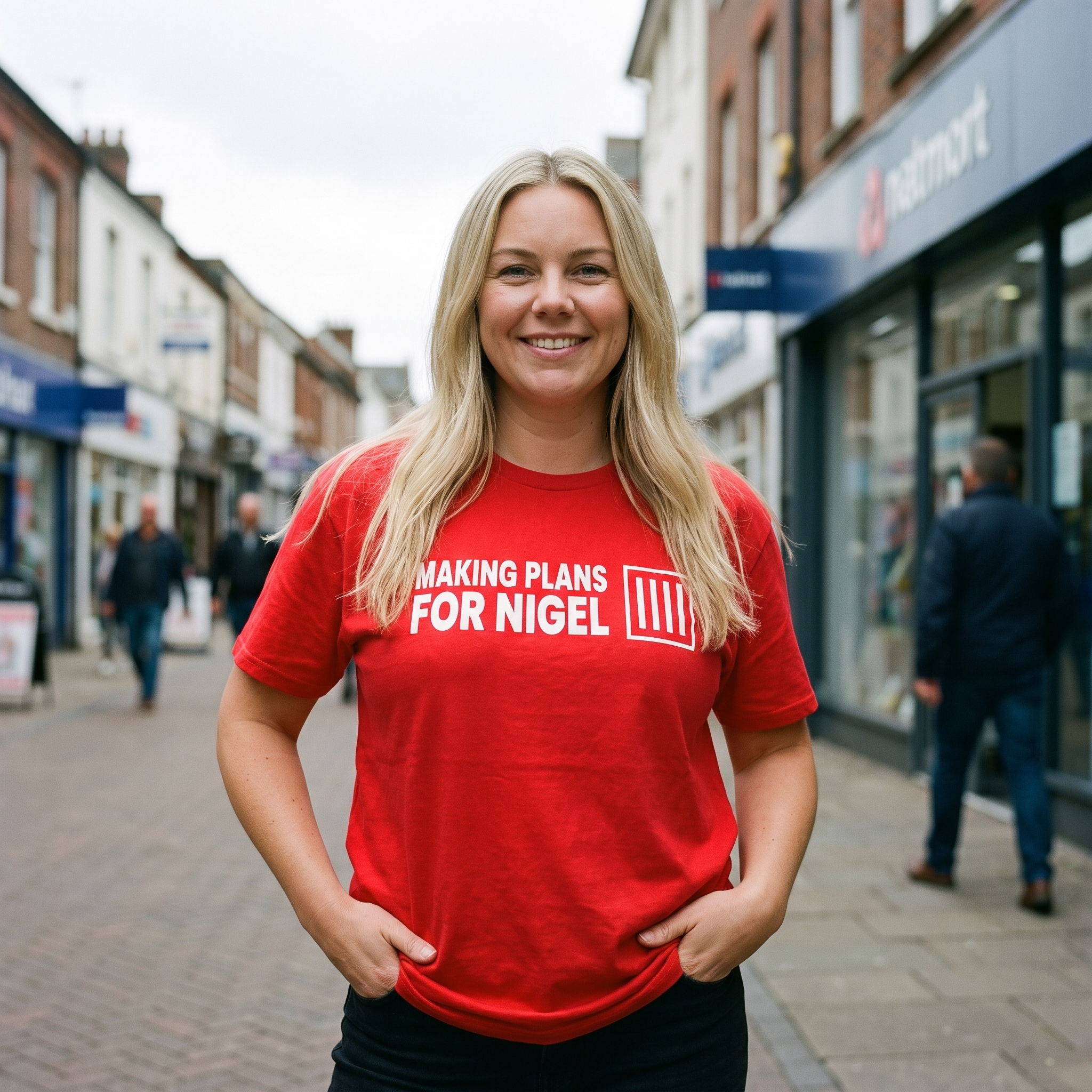 Woman in a red Making Plans for Nigel t-shirt on a British high street, Very Brexit Problems