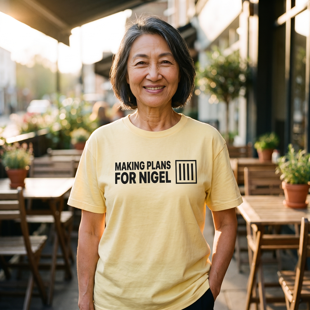 Woman in a yellow Making Plans for Nigel t-shirt on a cafe terrace, Very Brexit Problems
