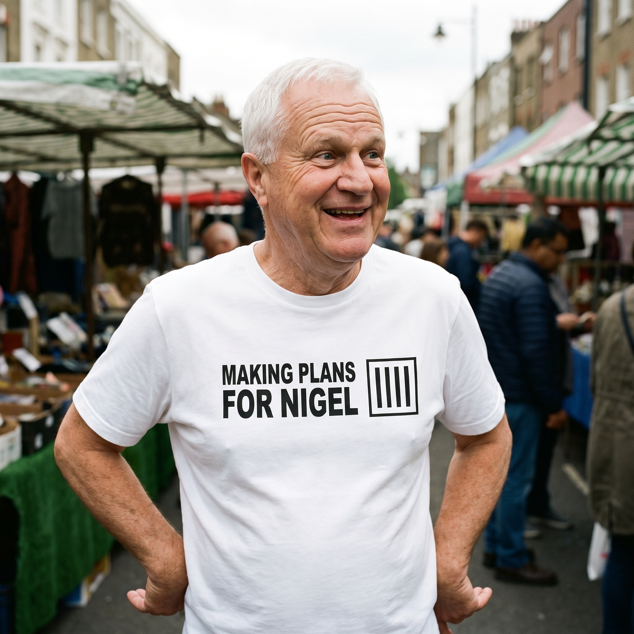 Man in a white Making Plans for Nigel t-shirt at a street market, Very Brexit Problems
