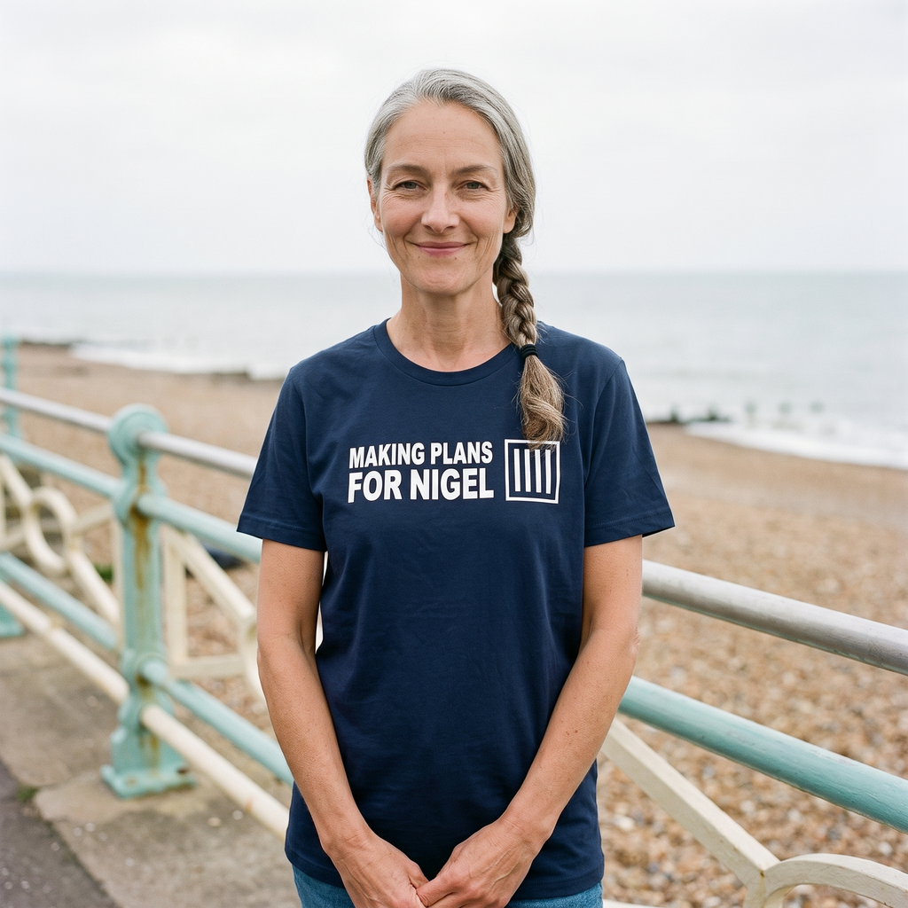 Woman in a navy Making Plans for Nigel t-shirt on an English seaside promenade, Very Brexit Problems