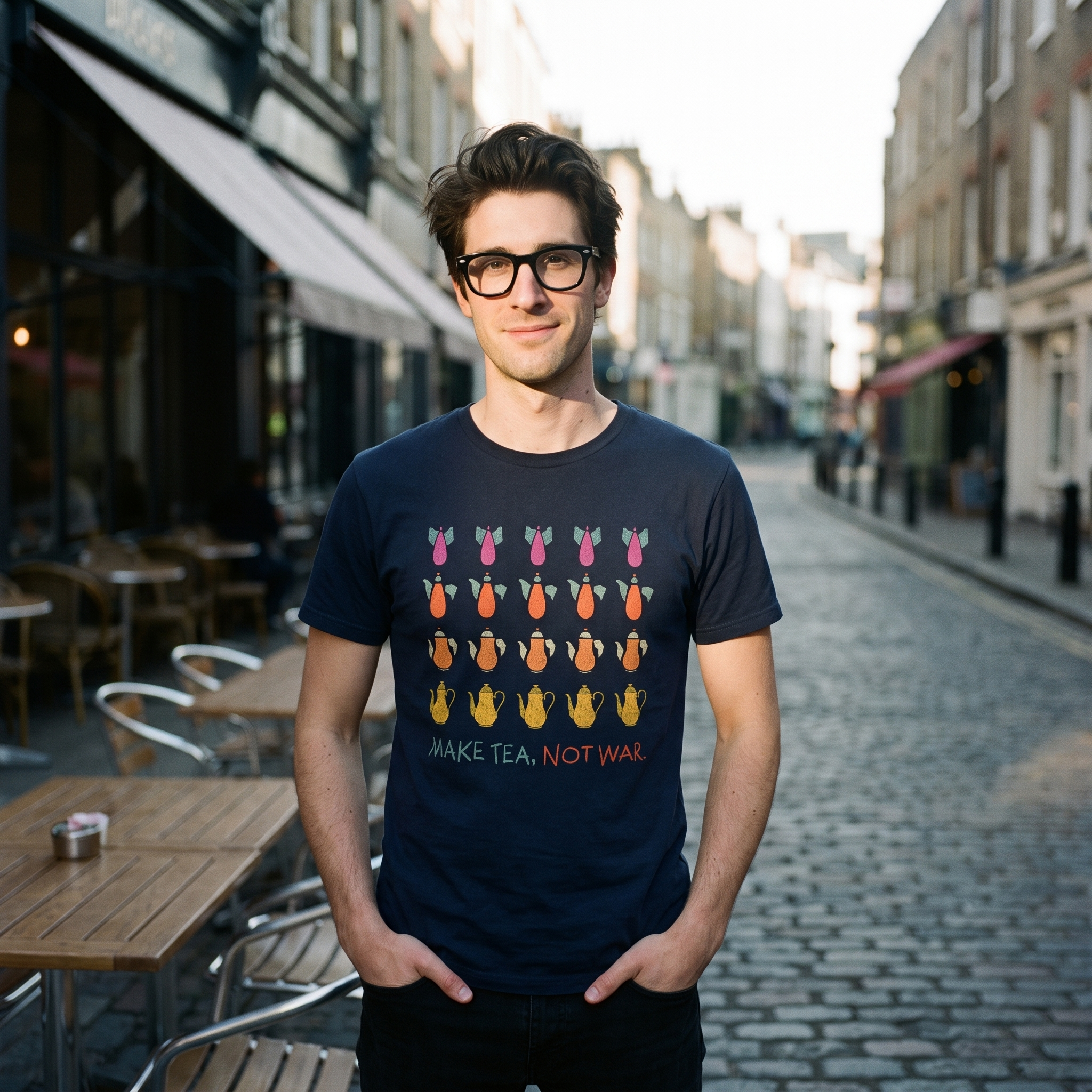 Man in a navy Make Tea Not War t-shirt at a cafe table on a cobbled street, Very Brexit Problems