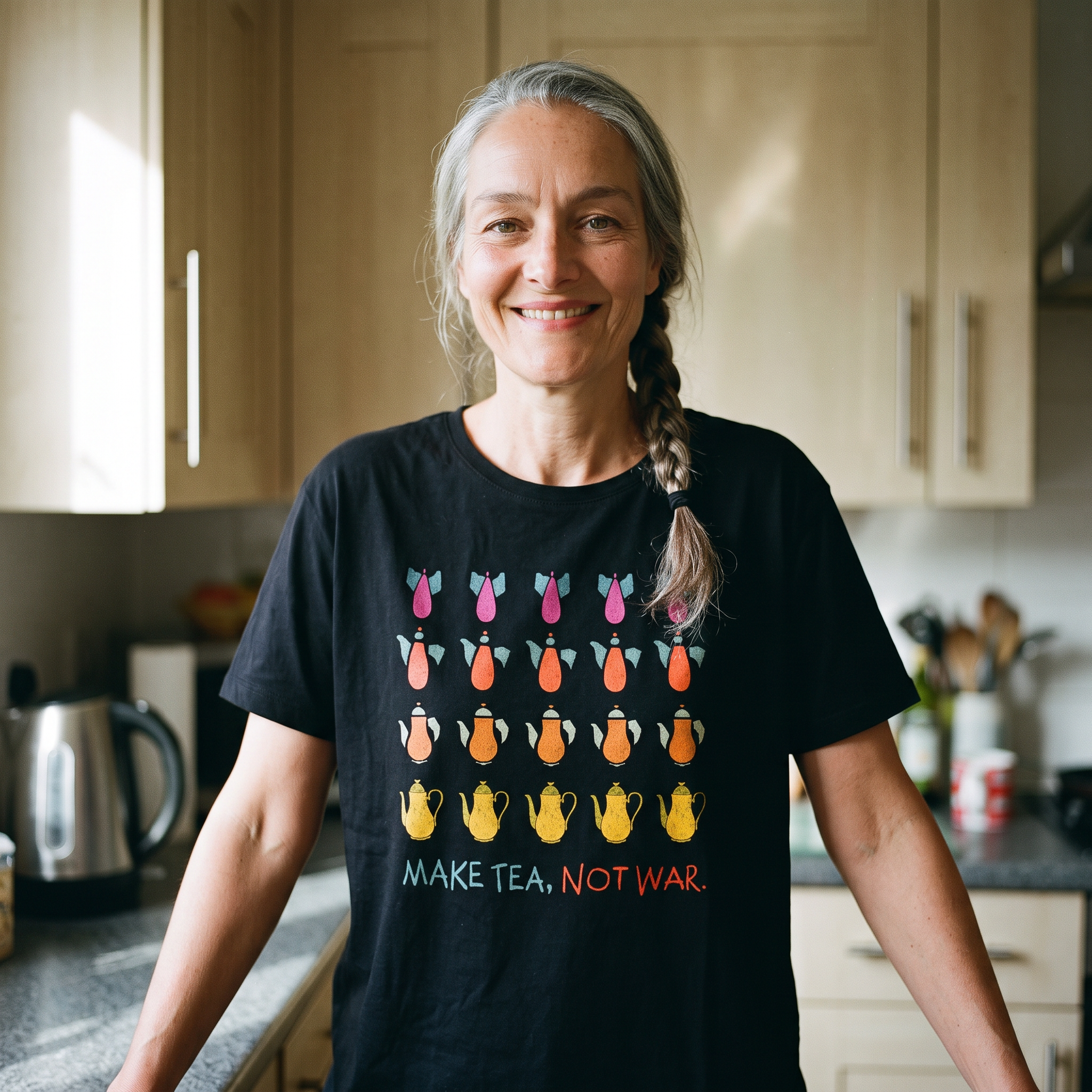Woman in a black Make Tea Not War t-shirt in a domestic kitchen, Very Brexit Problems