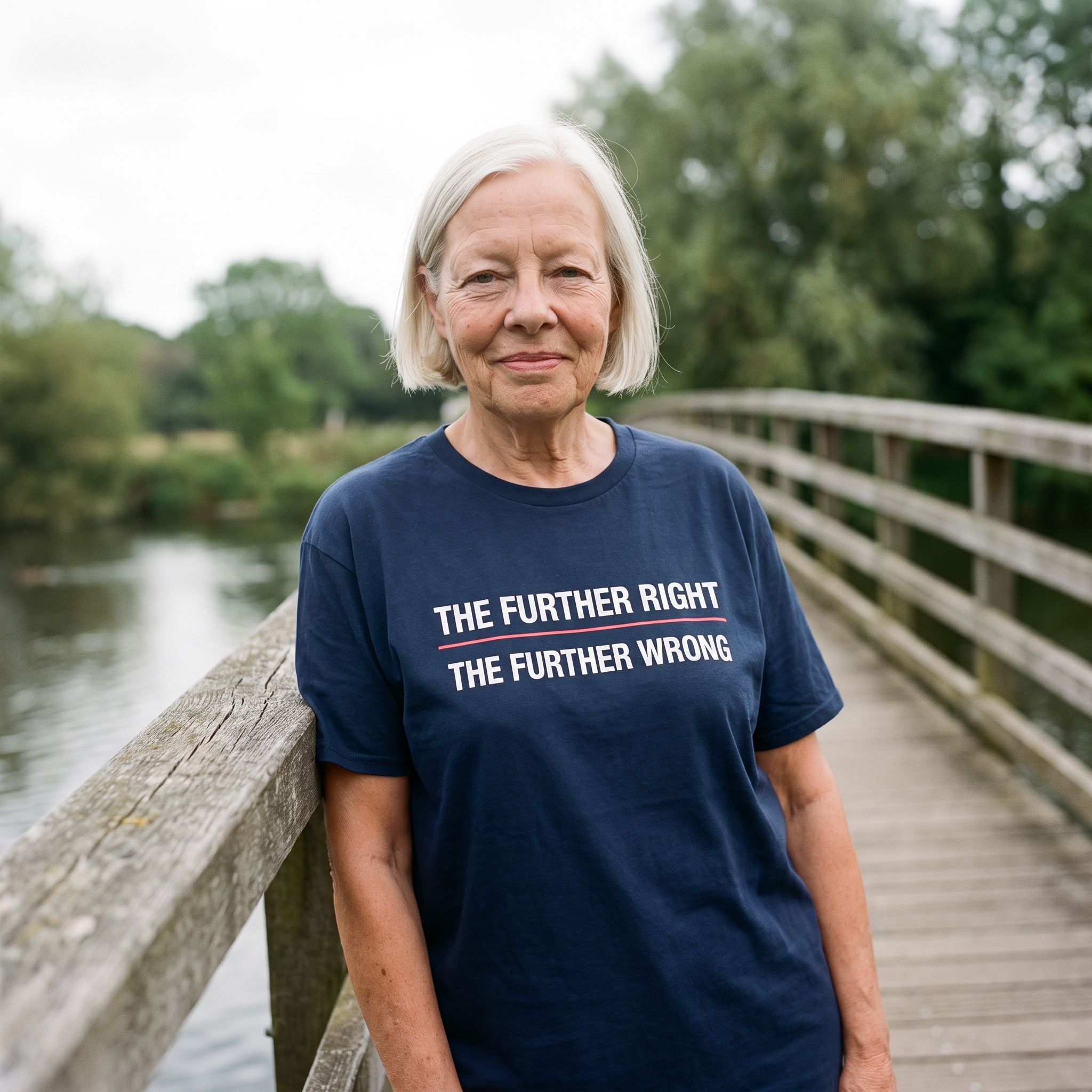 Woman in a navy The Further Right the Further Wrong t-shirt on a footbridge over water, Very Brexit Problems