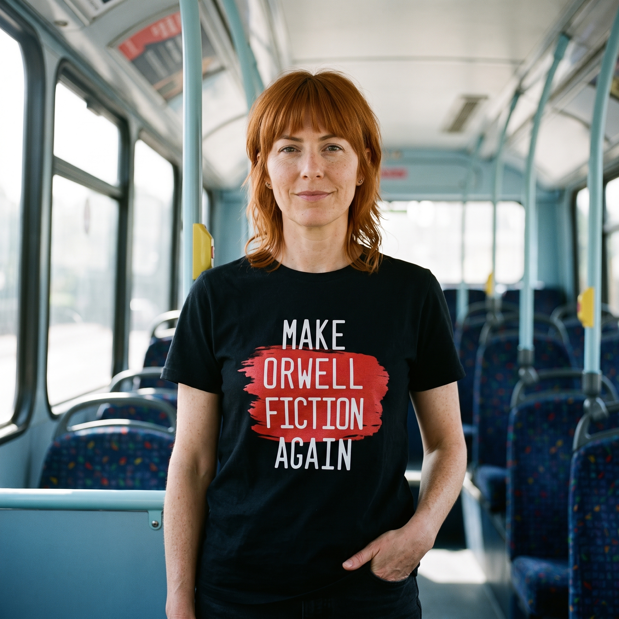 Woman in a black Make Orwell Fiction Again t-shirt standing inside a bus, Very Brexit Problems