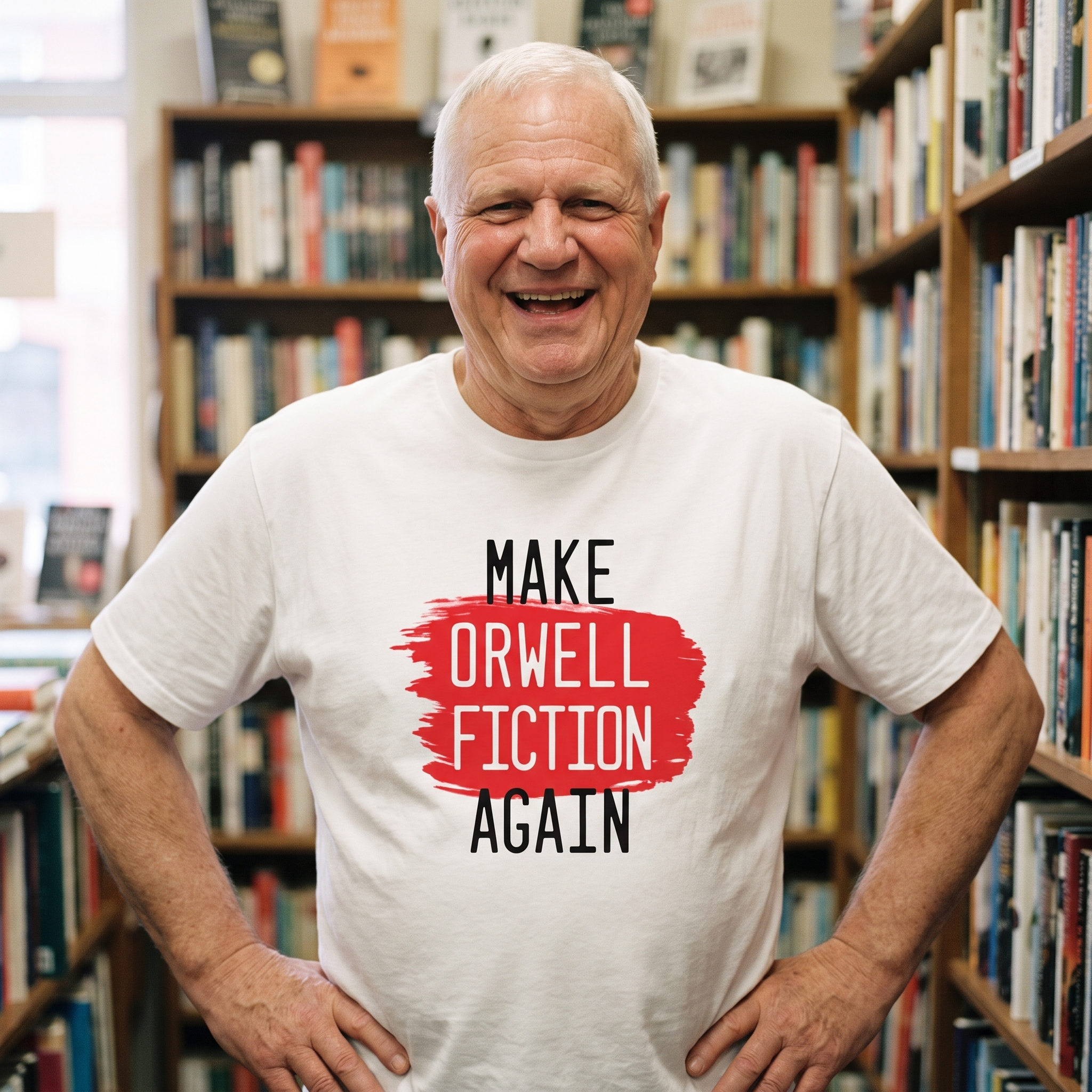 Man in a white Make Orwell Fiction Again t-shirt in a bookshop aisle, Very Brexit Problems