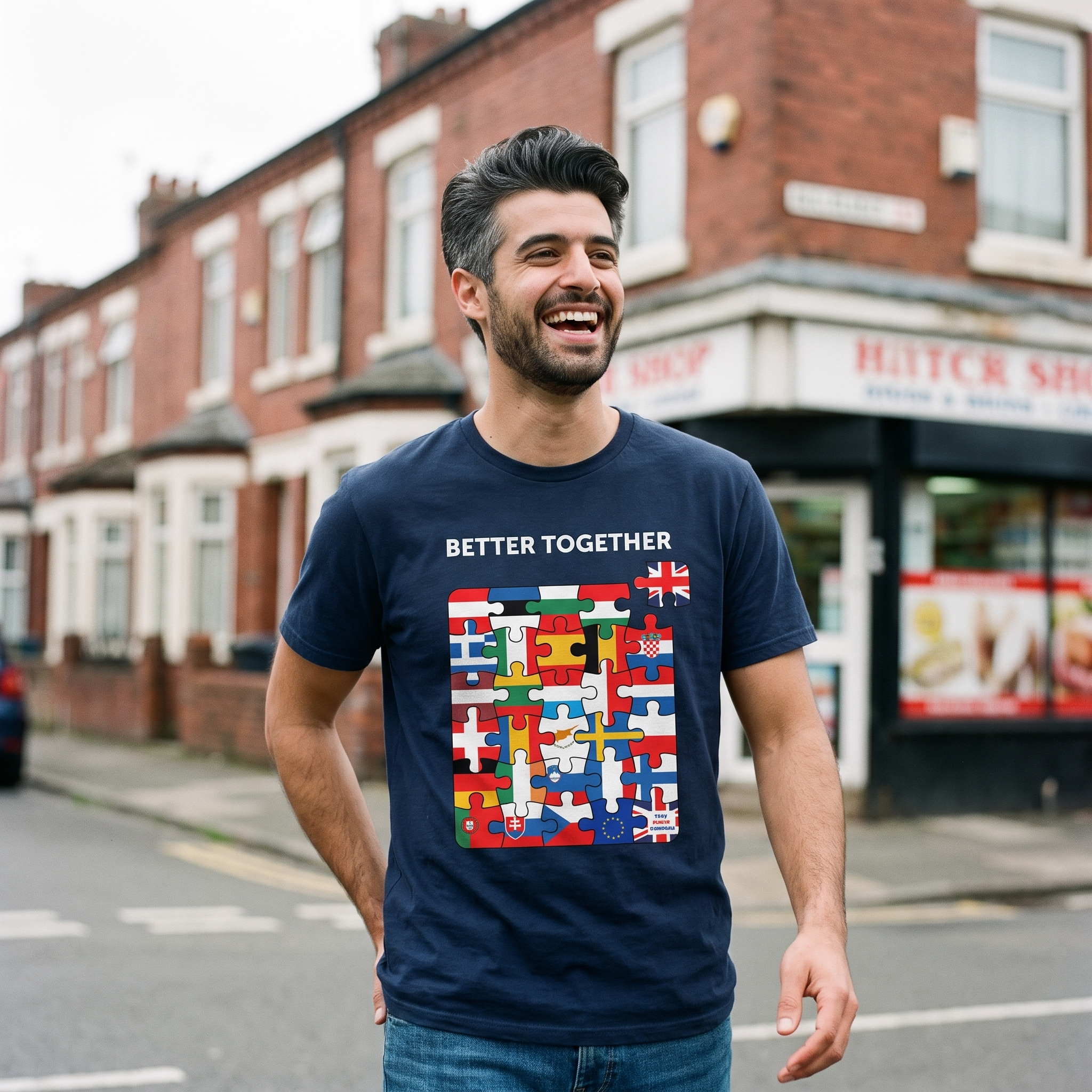 Man in a navy Better Together t-shirt outside a corner shop on a terraced street, Very Brexit Problems