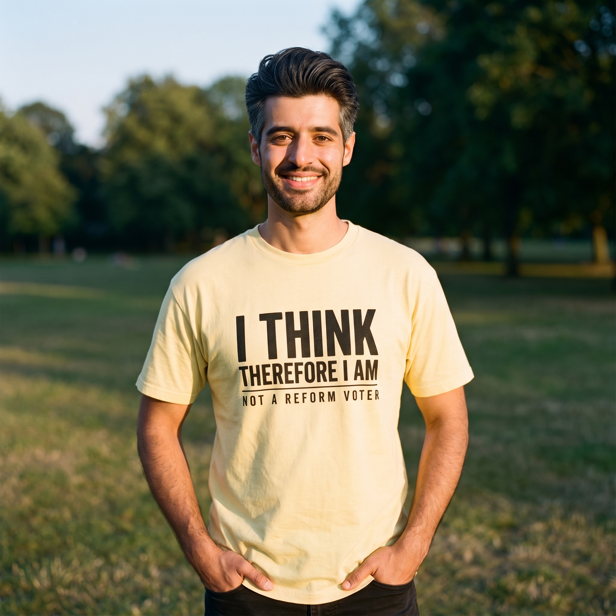 Man in a yellow I Think Therefore I Am Not a Reform Voter t-shirt in a park at golden hour, Very Brexit Problems