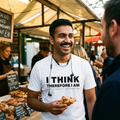 Man with a moustache laughing at a food market stall in the white I Think Therefore I Am Not a Brexit Supporter t-shirt, print close up, Very Brexit Problems
