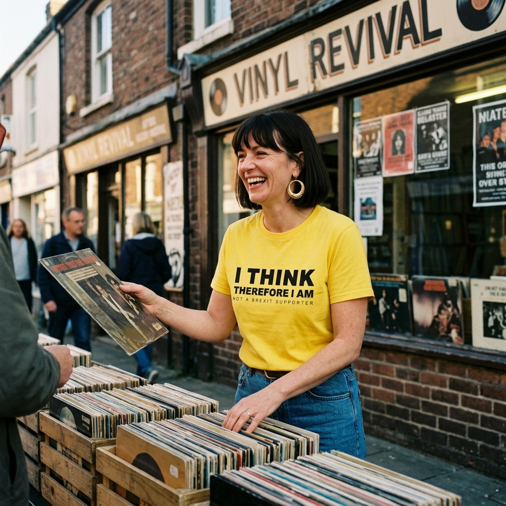 Woman browsing records outside a record shop in the yellow Not a Brexit Supporter t-shirt, Very Brexit Problems