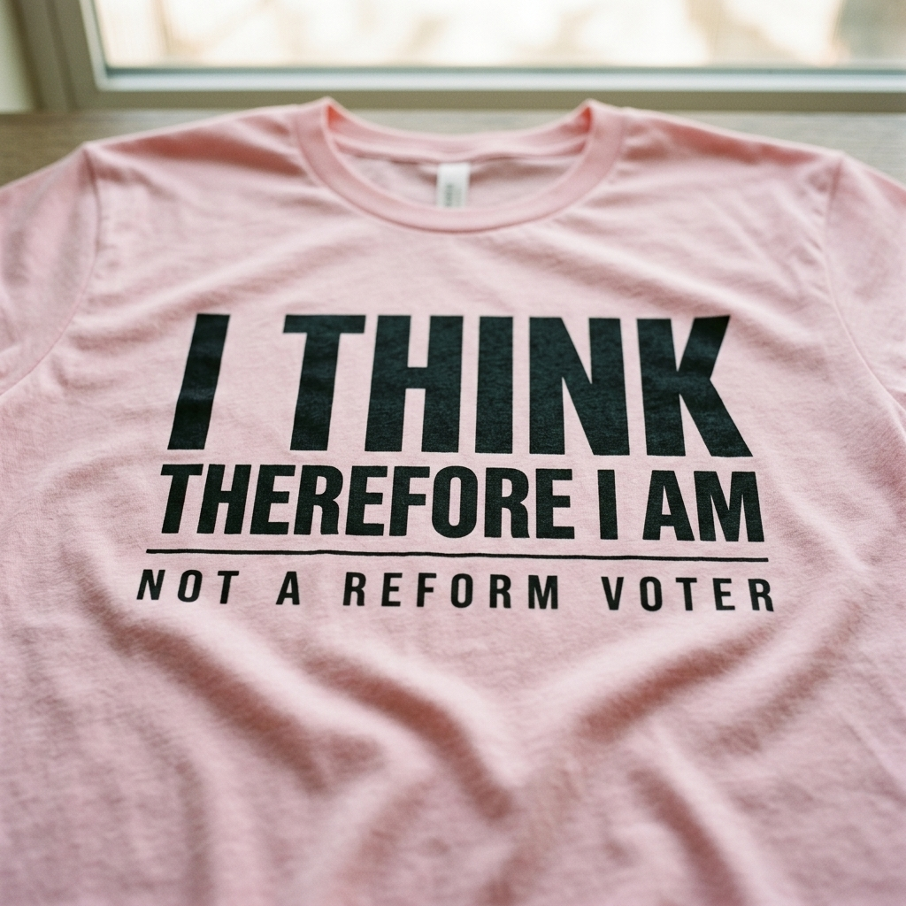 I Think Therefore I Am Not a Reform Voter print detail close up on pink cotton fabric, Very Brexit Problems