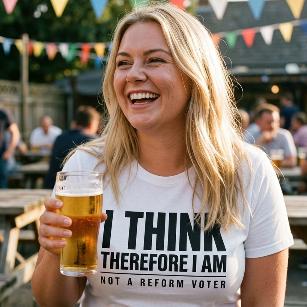 Woman with long blonde hair laughing in a pub beer garden holding a pint, wearing the white I Think Therefore I Am Not a Reform Voter t-shirt, print close up, Very Brexit Problems