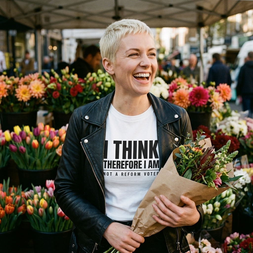Woman with short blonde crop laughing at a flower market in the white I Think Therefore I Am Not a Reform Voter t-shirt, Very Brexit Problems