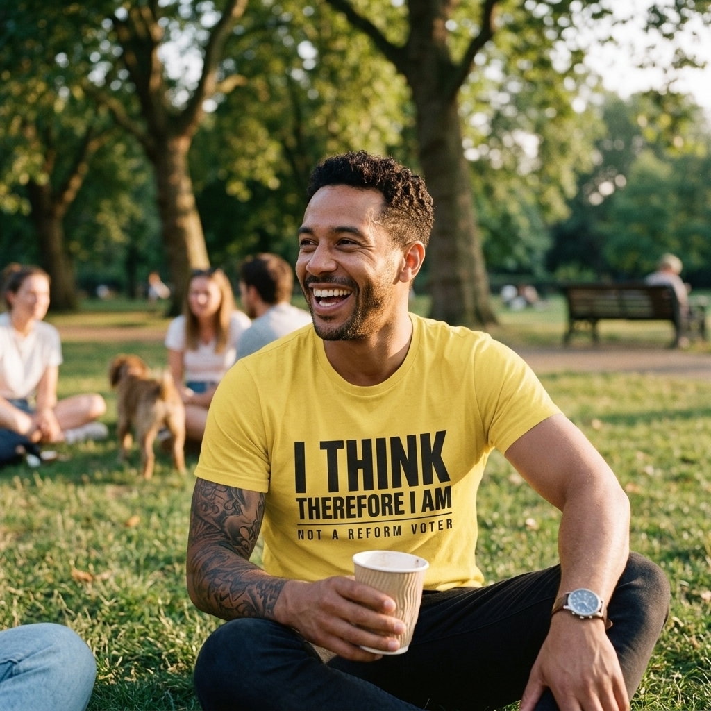 Man grinning on the grass in a London park at golden hour wearing the yellow Not a Reform Voter t-shirt, Very Brexit Problems