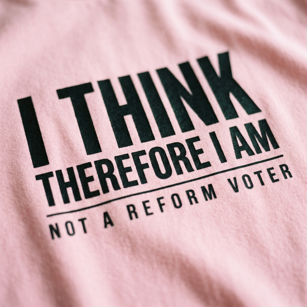 I Think Therefore I Am Not a Reform Voter print filling the frame on pink cotton fabric, Very Brexit Problems