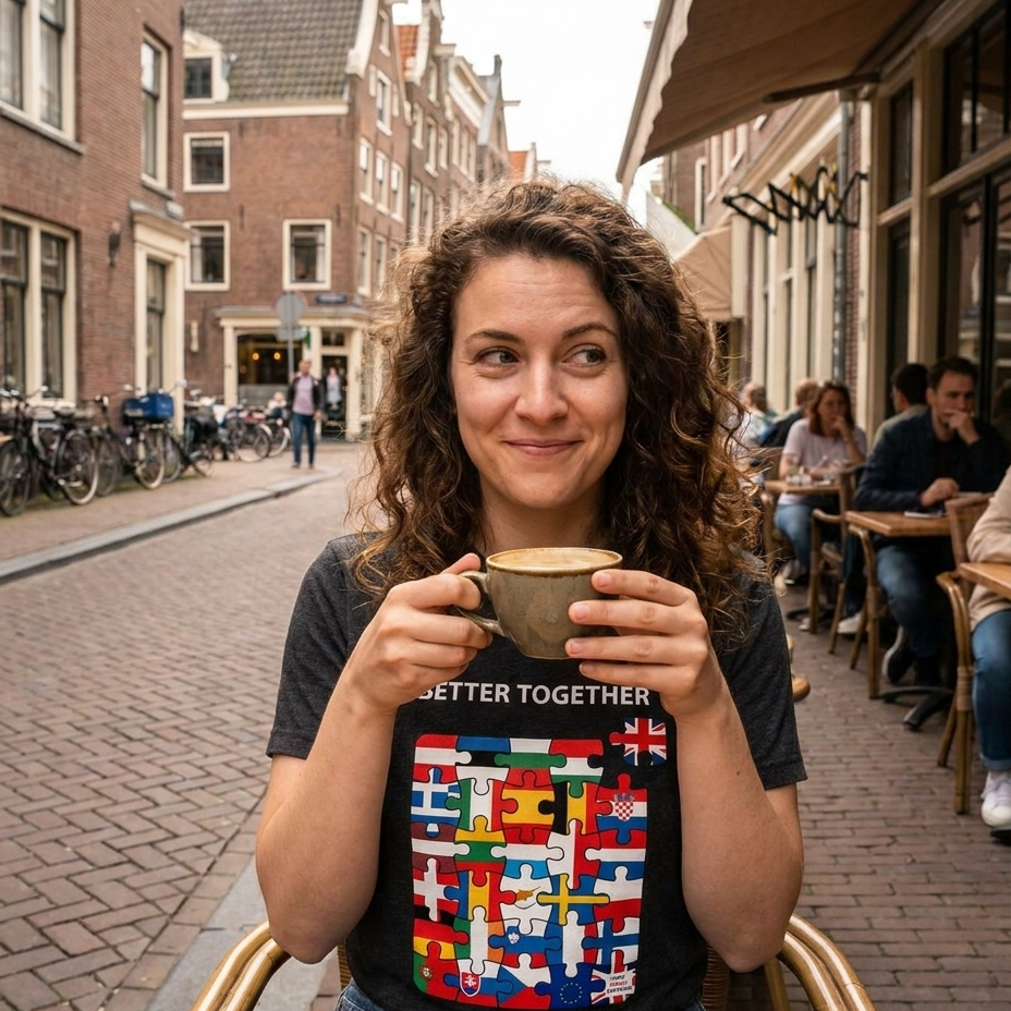 Woman at a European street cafe wearing the Better Together European flags t-shirt, print close and legible, Very Brexit Problems