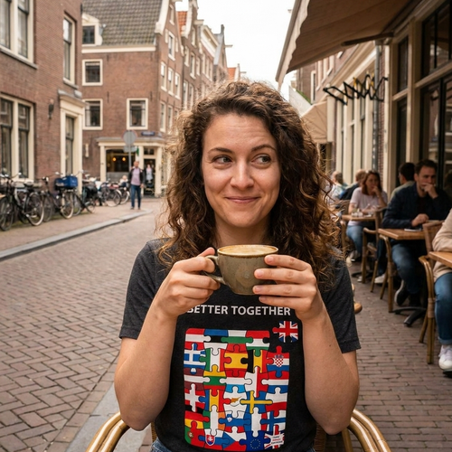 Woman at a European street cafe wearing the Better Together European flags t-shirt, print close and legible, Very Brexit Problems