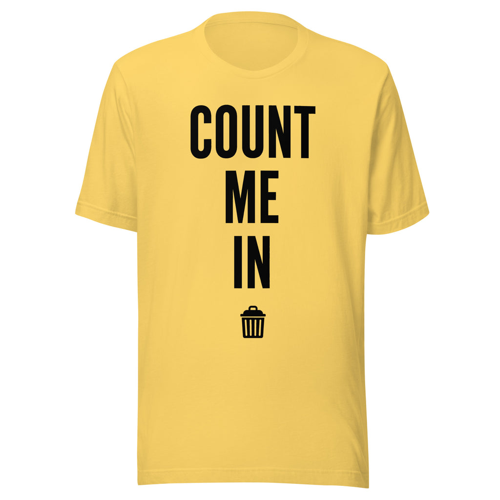 Yellow Count Me In t-shirt on plain background, Very Brexit Problems