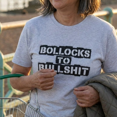 Bollocks to Bullshit t-shirt, chest print close-up