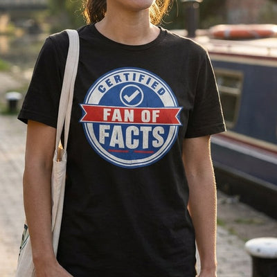 Certified Fan of Facts t-shirt, chest print close-up