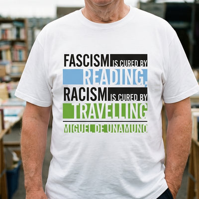 Fascism is Cured by Reading t-shirt, chest print close-up