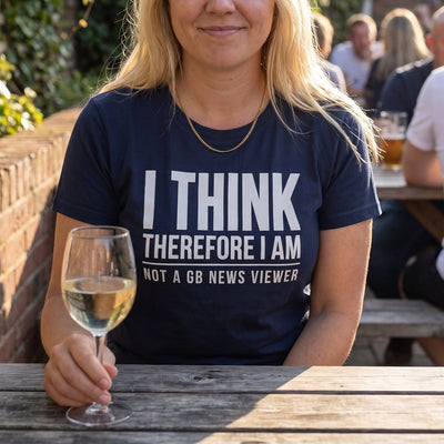 I Think Therefore I Am Not a GB News Viewer t-shirt, chest print close-up