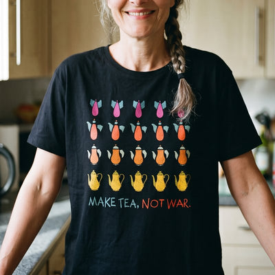 Make Tea Not War t-shirt, chest print close-up