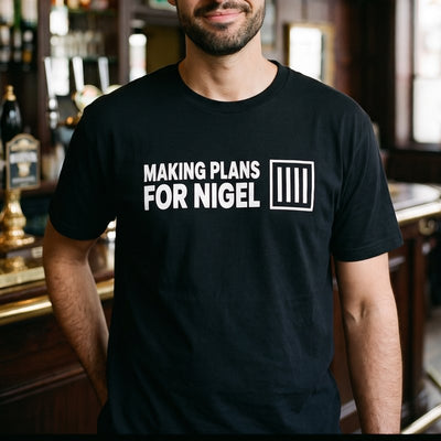 Making Plans for Nigel t-shirt, chest print close-up