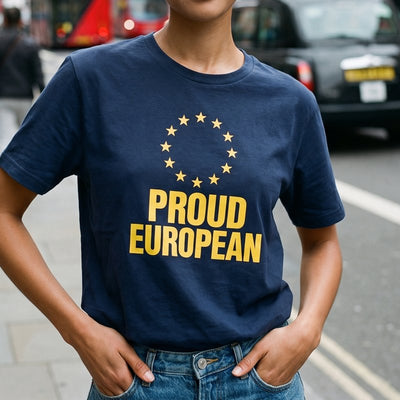 Proud European t-shirt, chest print close-up