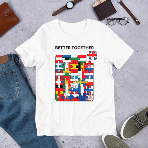 White Better Together European flags t-shirt, flat lay, Very Brexit Problems