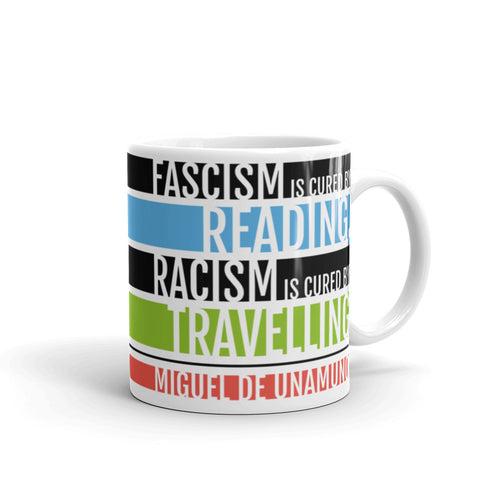 Fascism is Cured by Reading mug, showing the printed design
