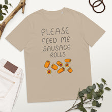 Load image into Gallery viewer, Feed me Sausage Rolls Unisex organic cotton t-shirt
